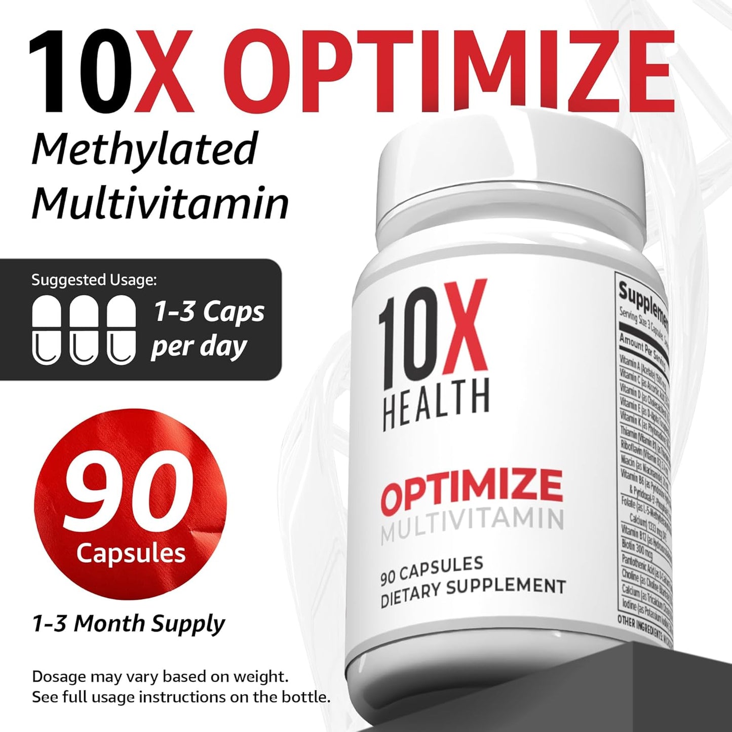 10X Health Optimize Methylated Multivitamin - 90 Capsules, 34 in 1 Formula with 800 mcg of Vitamin B12 - Methylated Multivitamin for Men & Women with 5 - MTHF, NAC, Methyl B Complex - MTHFR Supplement - Wholesale Rabbits