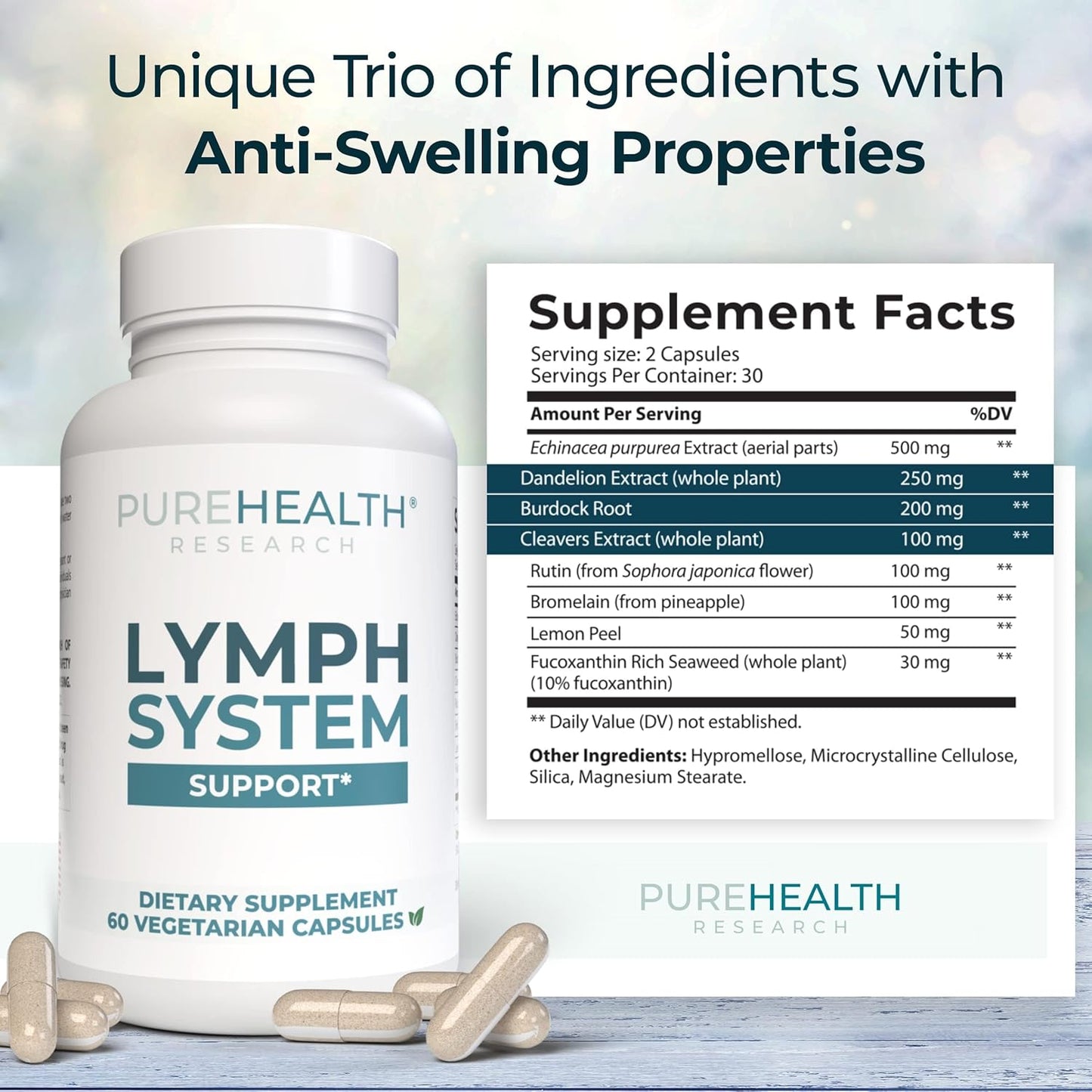 PUREHEALTH RESEARCH Lymph System Support Supplement - Lymphatic Drainage Supplement with Dandelion Extract, Cleavers, Burdock Powder - Reduce Swelling and Cleanse Lymph - 1 Bottle, Brown