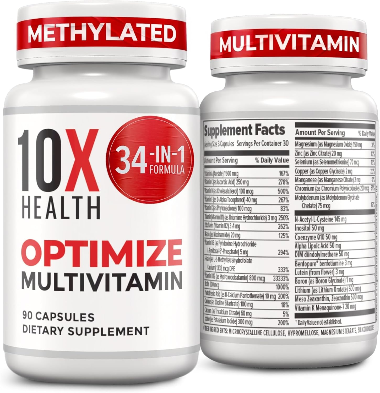 10X Health Optimize Methylated Multivitamin - 90 Capsules, 34 in 1 Formula with 800 mcg of Vitamin B12 - Methylated Multivitamin for Men & Women with 5-MTHF, NAC, Methyl B Complex - MTHFR Supplement