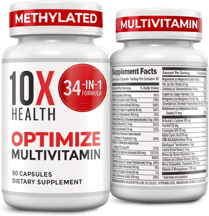 10X Health Optimize Methylated Multivitamin - 90 Capsules, 34 in 1 Formula with 800 mcg of Vitamin B12 - Methylated Multivitamin for Men & Women with 5-MTHF, NAC, Methyl B Complex - MTHFR Supplement