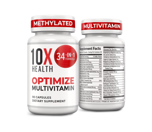 10X Health Optimize Methylated Multivitamin - 90 Capsules, 34 in 1 Formula with 800 mcg of Vitamin B12 - Methylated Multivitamin for Men & Women with 5-MTHF, NAC, Methyl B Complex - MTHFR Supplement