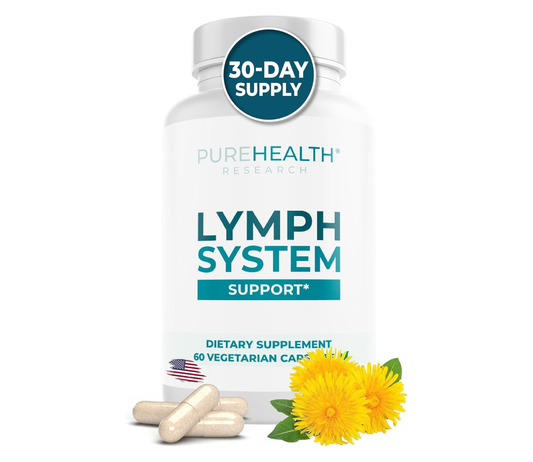 PUREHEALTH RESEARCH Lymph System Support Supplement - Lymphatic Drainage Supplement with Dandelion Extract, Cleavers, Burdock Powder - Reduce Swelling and Cleanse Lymph - 1 Bottle, Brown