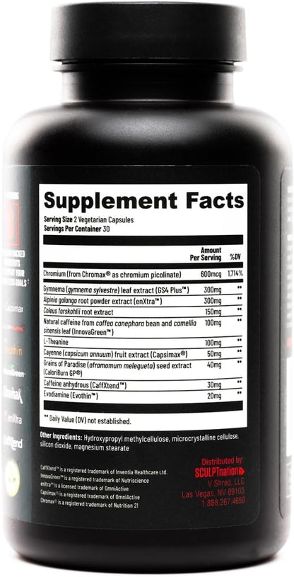 Sculpt Nation by V Shred Burn Thermogenic Fat Burner for Men & Women - Daytime Fat Burner Metabolism Booster - Premium Capsimax Cayenne Pepper, Chromax, Patented Ingredients - 60 Natural Veggie Pills