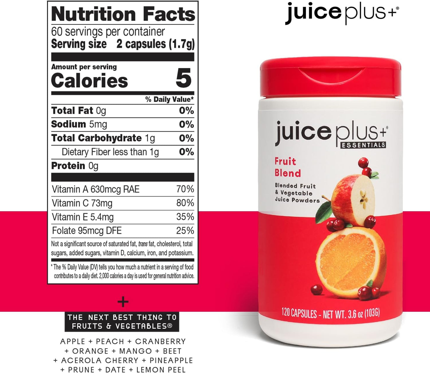 Juice Plus+ Fruit & Vegetable Blend - Fruit and Vegetable Supplement - Whole Food Ingredients like Kale, Beet, Cranberry and More - Vegan, Non-GMO - 2 Bottles (120 Capsules Each)