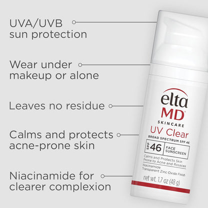 EltaMD UV Clear Face Sunscreen SPF 46, Oil-Free Sunscreen with Zinc Oxide, Dermatologist Recommended