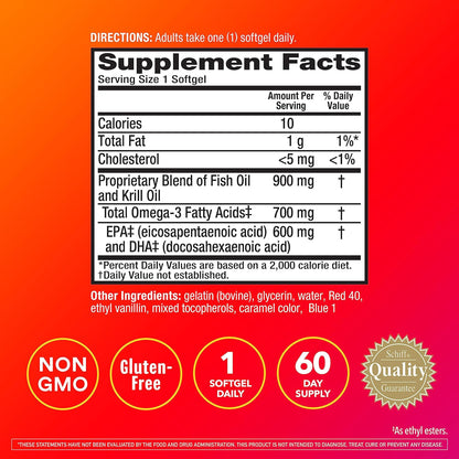 Megared Omega-3 Fish & Krill Oil Supplement 900mg - MegaRed Advanced 4in1, 60 softgels, 2x More Omega-3, Heart, Joint, Brain and Eye Supplement, Red, 60 Count