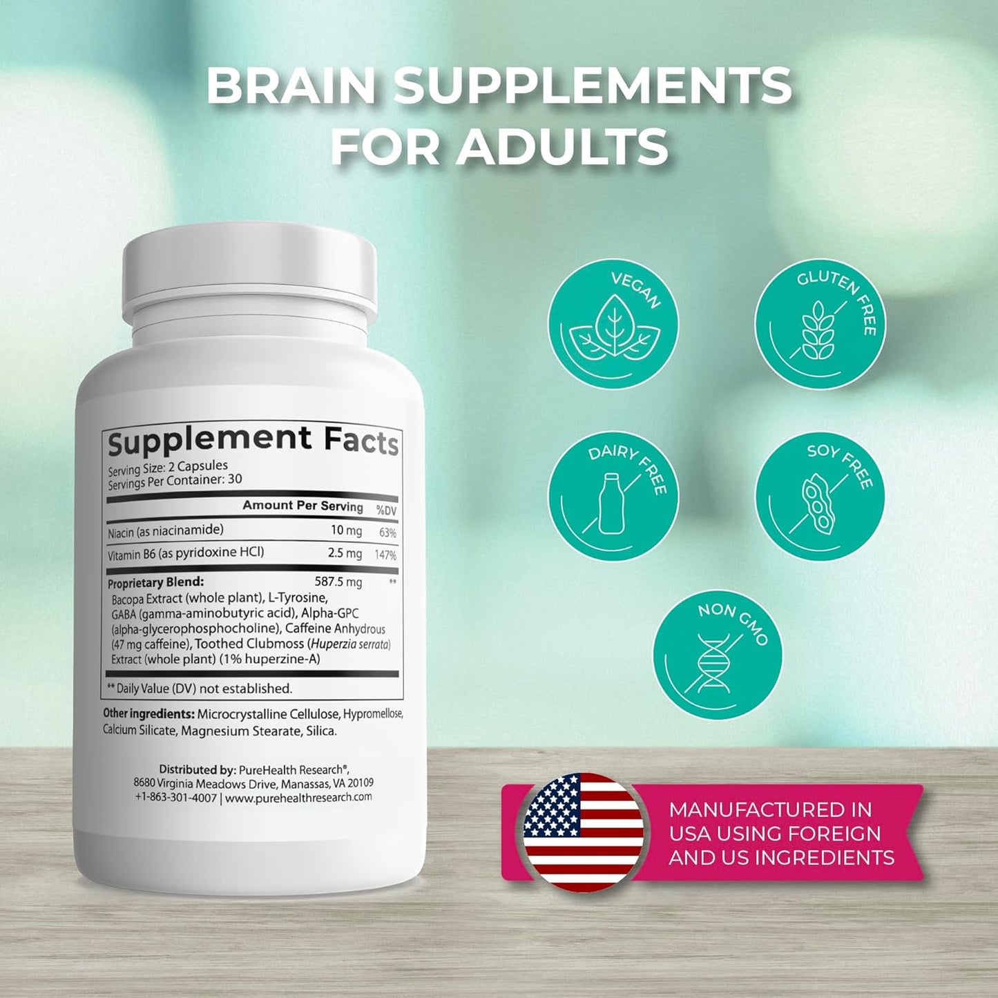 Ageless Brain Supplements for Memory and Focus - Nootropic Brain Health Supplement for Adults - with Bacopa Monieri, Alpha GPC, L-Tyrosine, Vitamin B6, Niacin & More, 60 Capsules