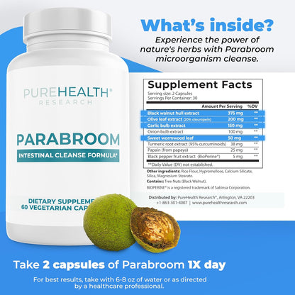 PUREHEALTH RESEARCH Parabroom - Gut Cleanse & Health Supplement - with Black Walnut, Sweet Wormwood Powder, Turmeric Extract, Olive Leaf, Garlic & Onion - Digestive Support for Women & Men 60 Capsules