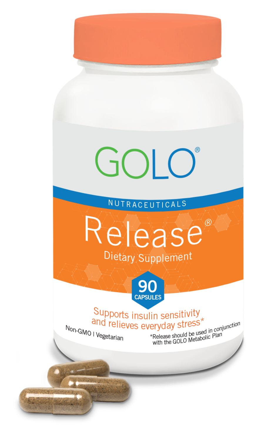 Golo Release dietary supplement bottle with capsules on a white background