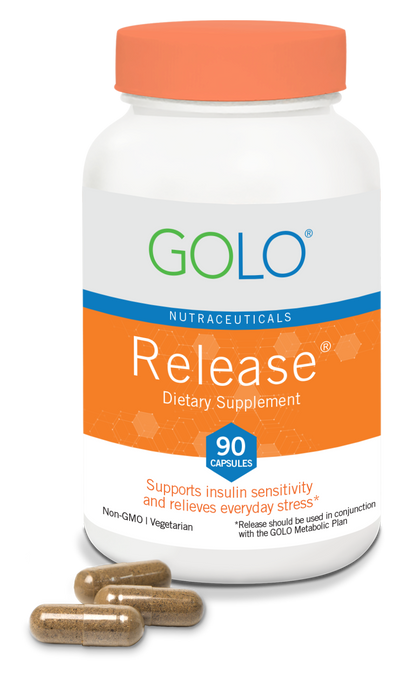 Golo Release dietary supplement bottle with capsules on a white background