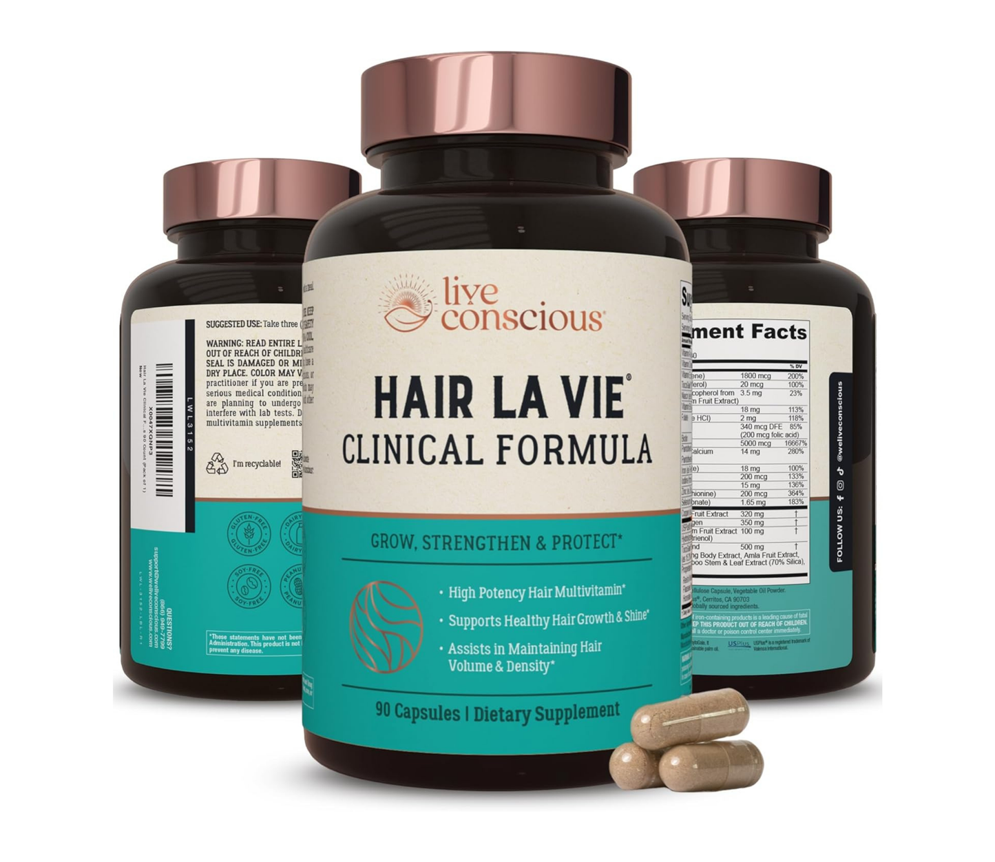 Hair La Vie Live Conscious Clinical Formula Hair Growth Vitamins for Women and Men w/Biotin 5000mcg, Collagen & Saw Palmetto (Pack of 1)