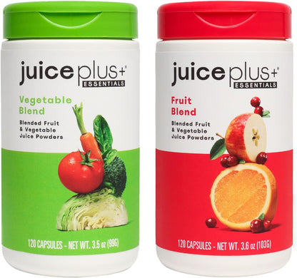 Two 'Juice Plus+' supplement containers, one green and one red, on a white background.