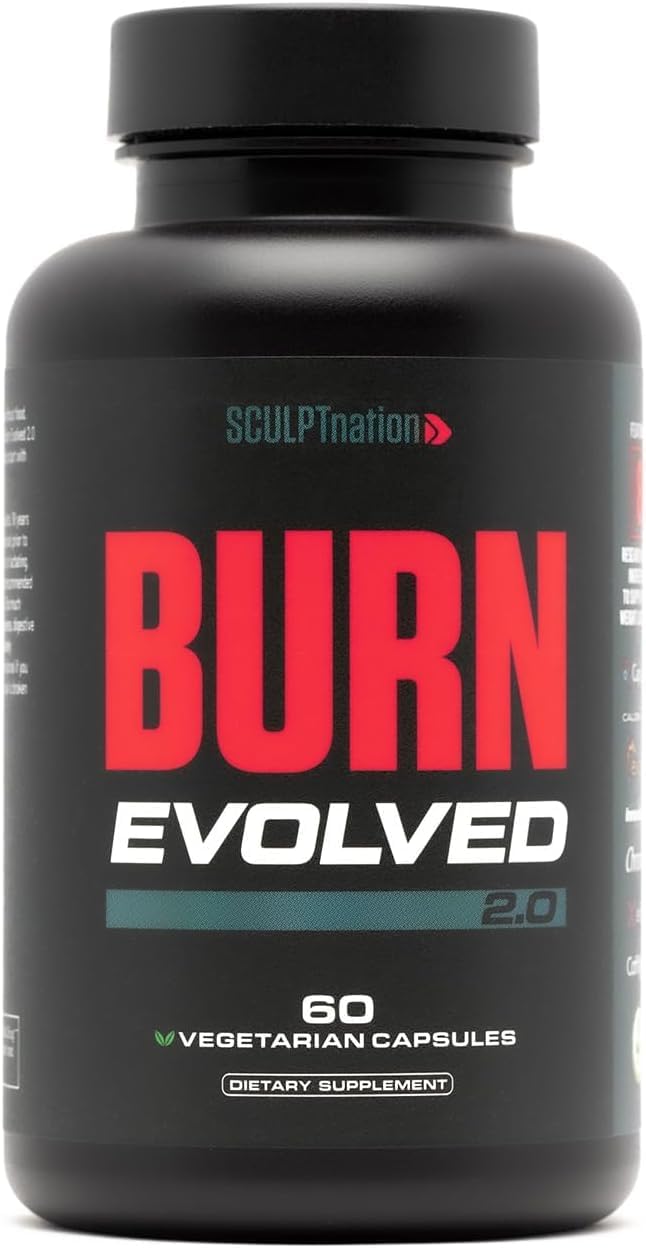 Supplement bottle labeled 'Burn Evolved' by Sculptnation on a black background