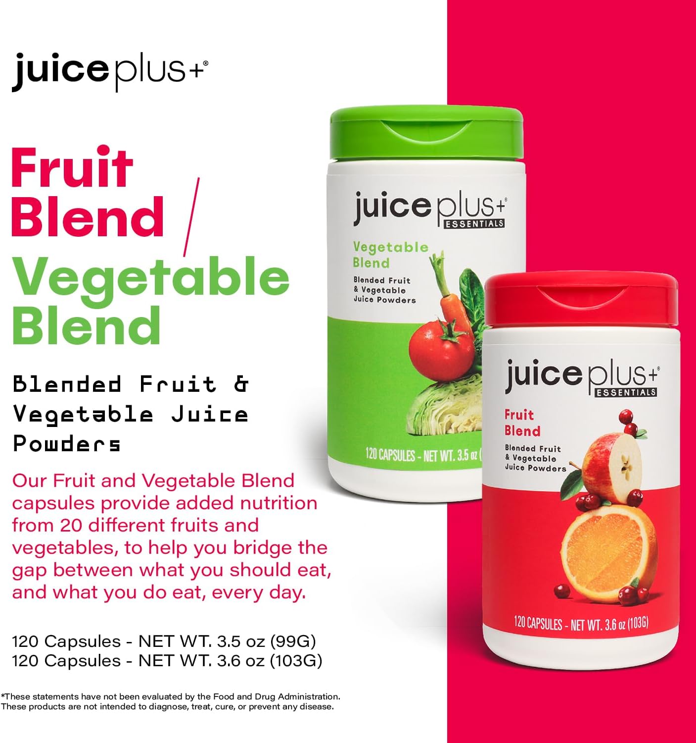 Juice Plus+ Fruit & Vegetable Blend - Fruit and Vegetable Supplement - Whole Food Ingredients like Kale, Beet, Cranberry and More - Vegan, Non - GMO - 2 Bottles (120 Capsules Each) - Wholesale Rabbits