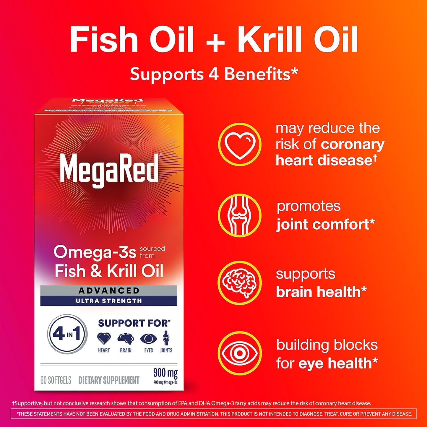 Megared Omega - 3 Fish & Krill Oil Supplement 900mg - MegaRed Advanced 4in1, 60 softgels, 2x More Omega - 3, Heart, Joint, Brain and Eye Supplement, Red, 60 Count - Wholesale Rabbits
