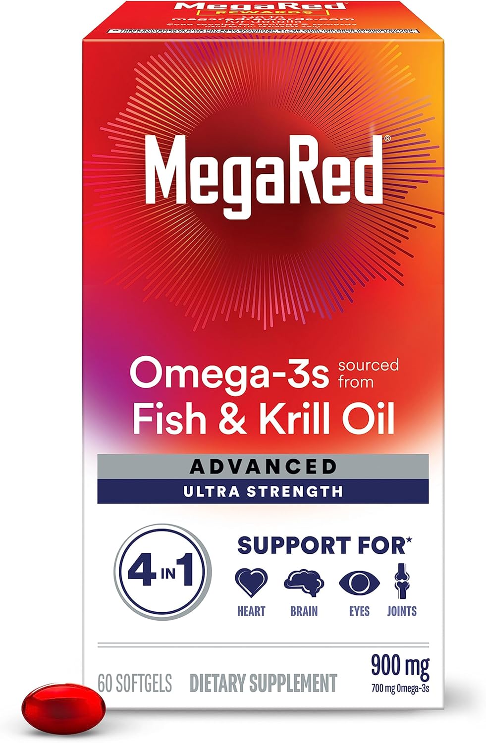 Megared Omega - 3 Fish & Krill Oil Supplement 900mg - MegaRed Advanced 4in1, 60 softgels, 2x More Omega - 3, Heart, Joint, Brain and Eye Supplement, Red, 60 Count - Wholesale Rabbits